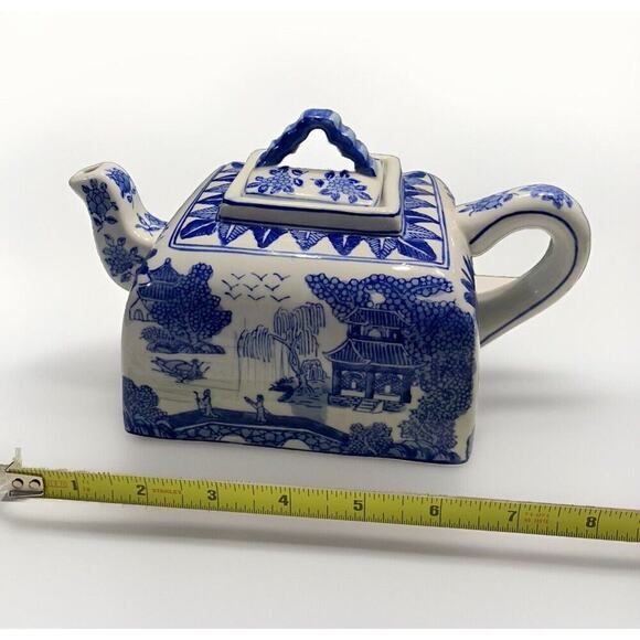 Andrea Sadek Blue White Teapot Vintage Porcelain Square Tea Pot Home Decor Gift - Picture 3 of 10